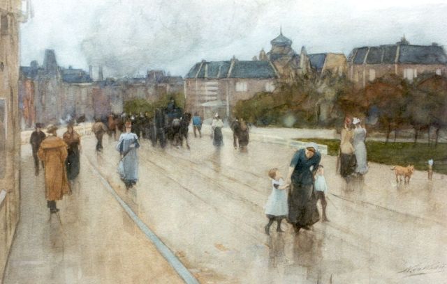 Nicolaas van der Waay | Strollers on a street, watercolour and gouache on paper, 33.0 x 51.0 cm, signed l.r.