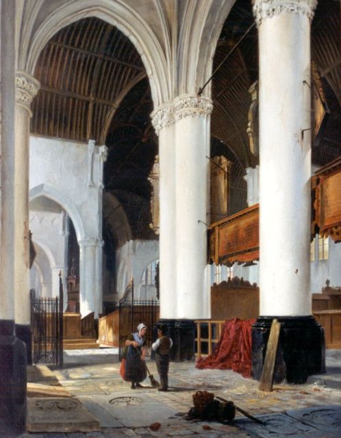 Hove B.J. van | Figures in a church interior, oil on panel 47.8 x 38.2 cm, signed l.l. and dated 1836