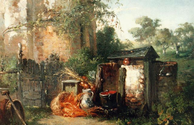 Maria Vos | Vegetables by a well, oil on panel, 24.6 x 33.2 cm, signed l.l. and dated 1857