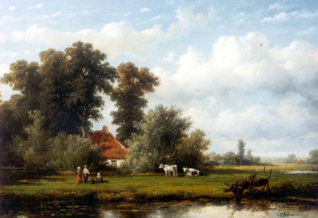 Anthonie Jacobus van Wijngaerdt | Fishermen in a polder landscape, oil on panel, 22.4 x 30.8 cm, signed l.r. and dated 1859