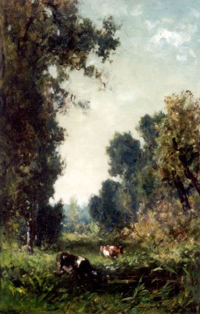 Willem Roelofs | A forest landscape with watering cows, oil on canvas laid down on panel, 43.7 x 28.7 cm, signed l.l.