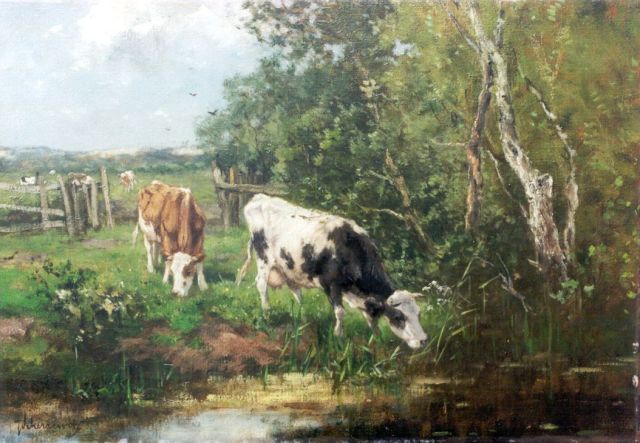 Johan Frederik Cornelis Scherrewitz | Cows on the riverbank, oil on canvas, 35.0 x 50.2 cm, signed l.l.