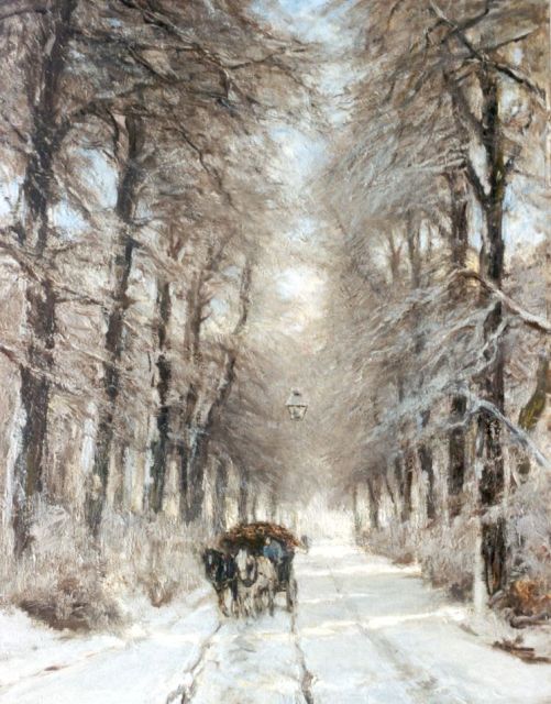 Louis Apol | A horse-drawn cart on a country lane in winter, oil on canvas, 85.4 x 66.5 cm, signed l.l.