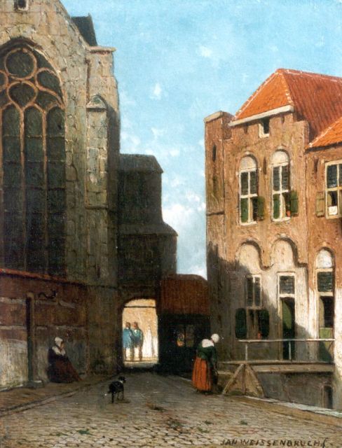 Weissenbruch J.  | A fantasy town view behind the Sint Janskerk in Gouda, oil on panel 19.1 x 15.0 cm, signed l.r.