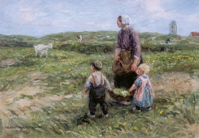 Jan Zoetelief Tromp | Feeding the goat, in the distance the 'Vuurbaak' of Katwijk, oil on canvas, 40.6 x 56.6 cm, signed l.l.