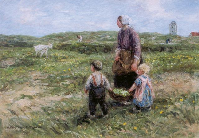 Jan Zoetelief Tromp | Feeding the goat, in the distance the 'Vuurbaak' of Katwijk, oil on canvas, 40.6 x 56.6 cm, signed l.l.