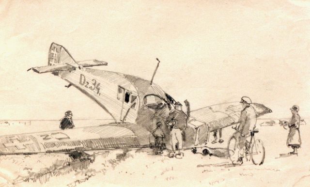 Vreedenburgh C.  | Emergency landing, drawing on paper 13.0 x 21.0 cm, signed l.r. and dated 1923