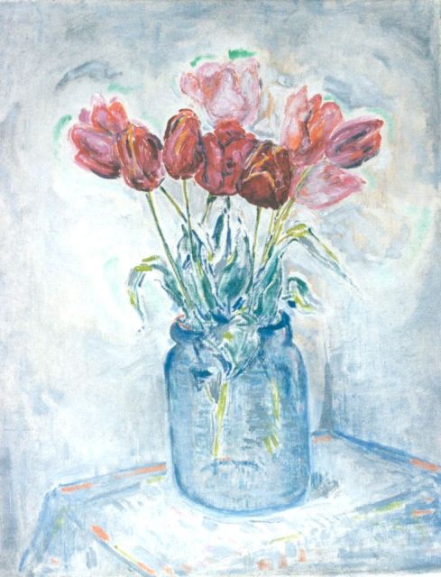 Rijn N.P.Q. van | Tulips in a glass vase, oil on canvas 50.0 x 40.3 cm