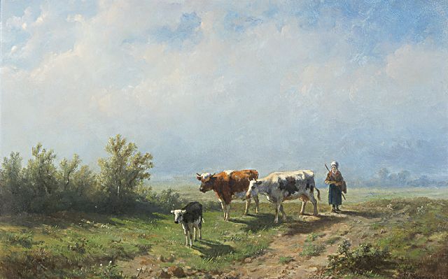 Anthonie Jacobus van Wijngaerdt | Out to pasture at dawn, oil on panel, 23.0 x 36.1 cm, signed l.r.