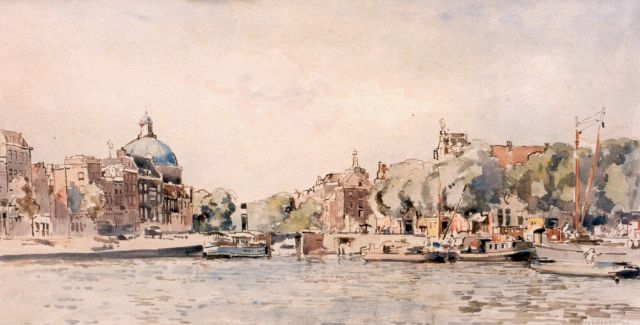 Vreedenburgh C.  | Moored boats with the 'Lutherse kerk' in the distance, watercolour on paper 25.0 x 48.0 cm, signed l.r.