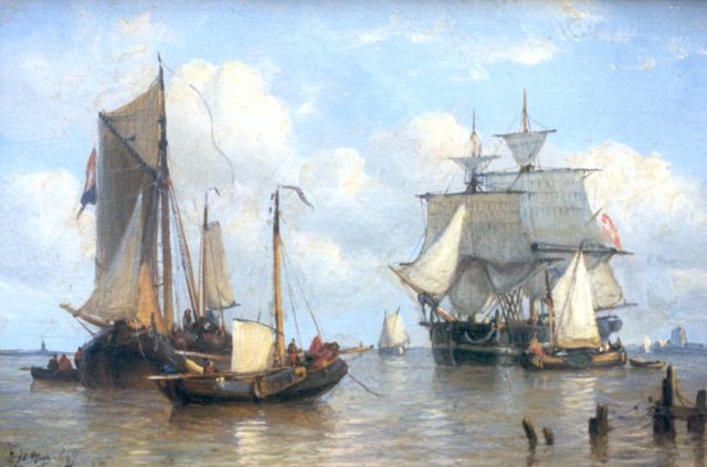 George Willem Opdenhoff | Shipping in a calm, oil on panel, 14.8 x 22.0 cm, signed l.l.