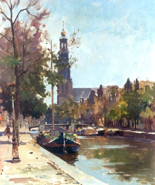 Ligtelijn E.J.  | The Prinsengracht, with the Westerkerk beyond, Amsterdam (recto); Bauxite mine (verso), oil on panel 49.6 x 40.0 cm, signed l.l.