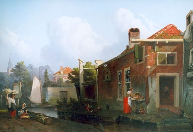 Bles J.  | Dutch village view with maids, oil on panel 27.0 x 38.5 cm, signed l.l.