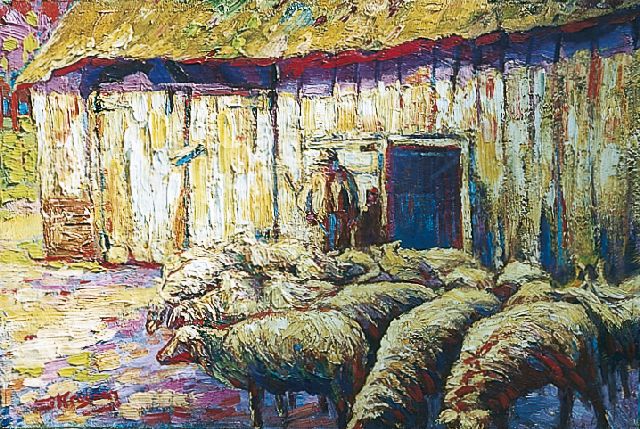 Jan Kruysen | A shepherd with flock, oil on canvas, 34.2 x 51.0 cm, signed l.l.; and data  circa 1915