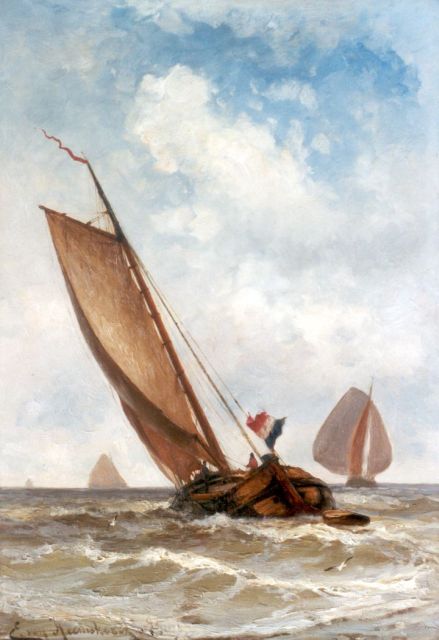 Heemskerck van Beest J.E. van | Dutch Sailing Vessel at Sea, oil on panel 50.9 x 35.2 cm, signed l.l.