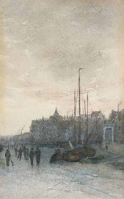 Jozef Neuhuys | Skaters on the river IJssel, Kampen, watercolour on paper, 45.1 x 28.6 cm, signed l.r.