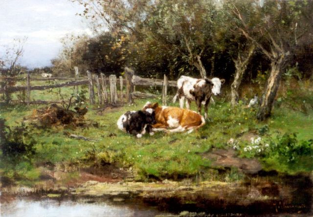 Johan Frederik Cornelis Scherrewitz | Calfs in a meadow, oil on canvas, 35.0 x 50.3 cm, signed l.r.