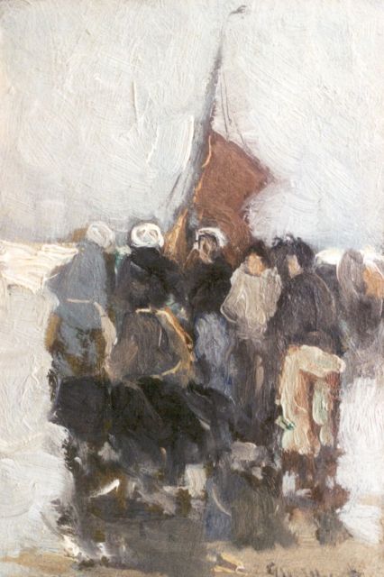Morgenstjerne Munthe | Fisherfolk on the beach, oil on painter's board, 15.9 x 10.8 cm, signed l.r.