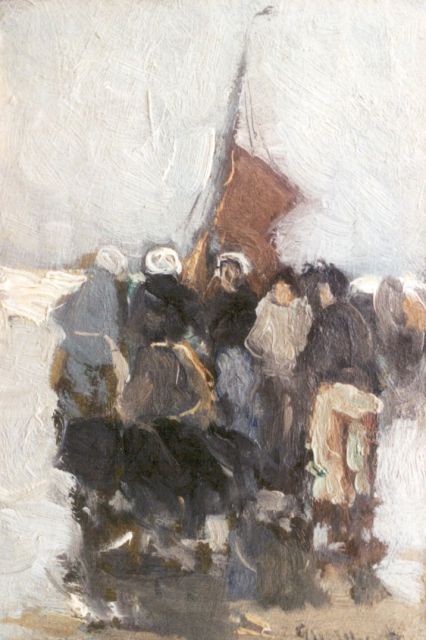 Munthe G.A.L.  | Fisherfolk on the beach, oil on painter's board 15.9 x 10.8 cm, signed l.r.