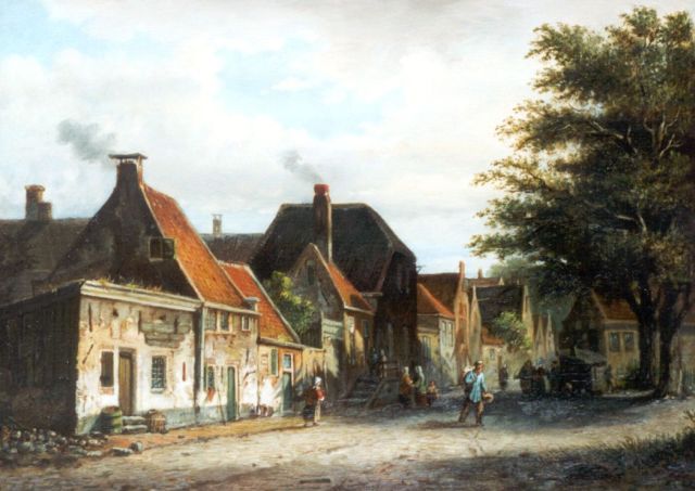 Johannes Jacobus Mittertreiner | Daily activities in a sunlit Dutch town, oil on panel, 28.6 x 40.0 cm