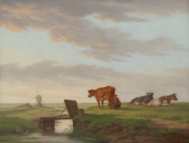 Hendrik Adam van der Burgh | Cows in a landscape with a mill, oil on panel, 20.4 x 26.3 cm, signed l.r. and painted 1821