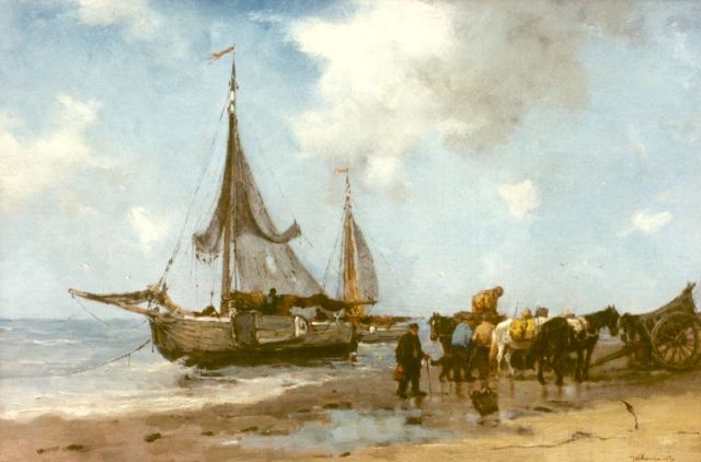 Johan Frederik Cornelis Scherrewitz | Sorting the catch, oil on canvas, 41.0 x 70.0 cm, signed l.r.