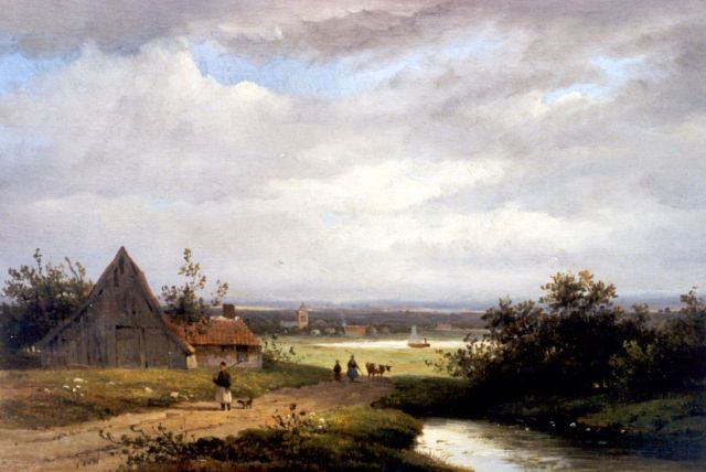 Johannes Pieter van Wisselingh | An extensive landscape with travellers, oil on panel, 23.4 x 34.2 cm, signed l.l. with monogram