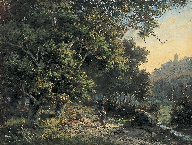 Koekkoek B.H.  | On a country road along the forest edge, oil on panel 20.6 x 27.1 cm, signed l.r.