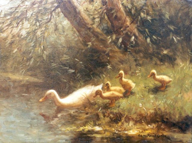 Constant Artz | A hen and ducklings watering, oil on panel, 18.0 x 24.0 cm, signed l.r.