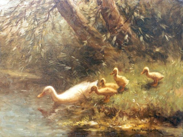 Artz C.D.L.  | A hen and ducklings watering, oil on panel 18.0 x 24.0 cm, signed l.r.