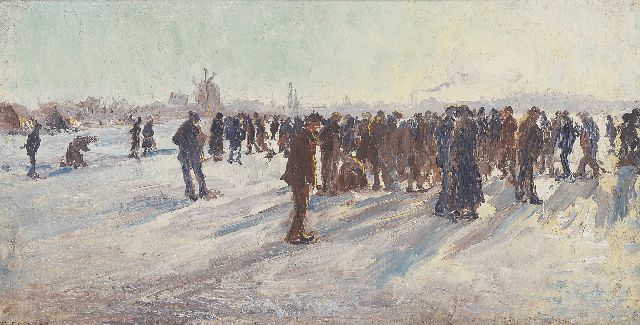 Ko Cossaar | A winter landscape with skaters, oil on canvas laid down on painter's board, 25.0 x 46.8 cm, signed l.l.