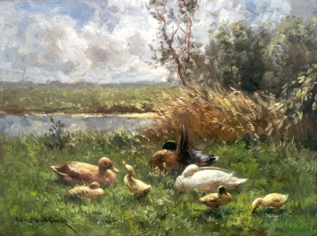 Constant Artz | Ducks on the riverbank, oil on panel, 18.0 x 24.0 cm, signed l.l.