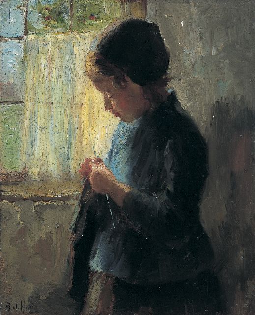 Hoog J.B. de | A girl knitting, oil on panel 16.7 x 13.7 cm, signed l.l.