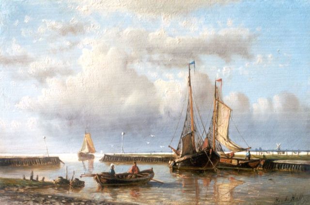 Hendrik Hulk | Shipping by a jetty, oil on panel, 17.8 x 26.8 cm, signed l.r.