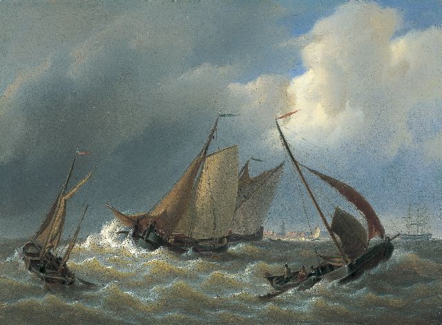 Petrus Johannes Schotel | Shipping on stormy waters, oil on panel, 26.7 x 36.2 cm, signed l.r.