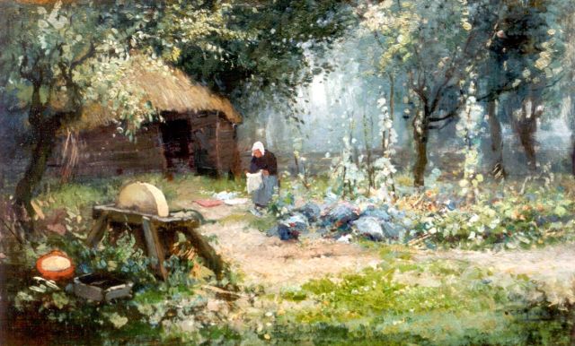 Schagen G.F. van | Bleaching the laundry, oil on canvas laid down on panel 28.0 x 46.0 cm, signed l.r.