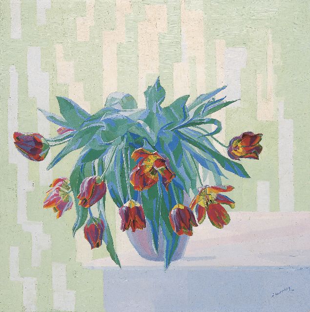 Dirk Smorenberg | A still life of tulips in a vase, oil on canvas, 66.8 x 66.5 cm, signed l.r. and dated '16