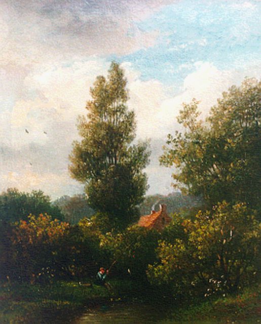 Wisselingh J.P. van | A fisherman in a wooded landscape, oil on panel 31.7 x 26.2 cm, signed l.r. (traces)