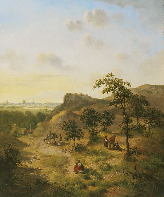 Verheijen J.H.  | Wood gatherers and countrymen on a wooded hill, oil on panel 61.5 x 50.9 cm, signed l.l.