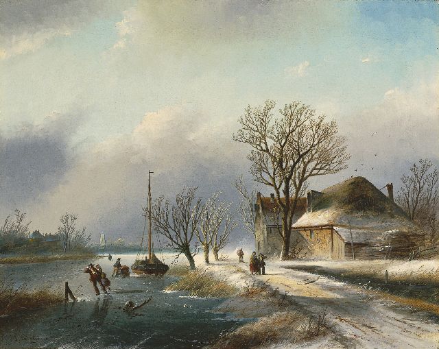 Jacob Jan Coenraad Spohler | A frozen river with skaters, oil on canvas, 59.5 x 74.9 cm, signed l.l. with 'J.J. Spohler' and painted ca. 1865