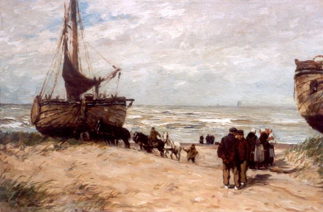 Wilhem Hambüchen | 'Bomschuiten' and fisherfolk on the beach of Katwijk, oil on canvas, 50.0 x 75.0 cm, signed l.l.