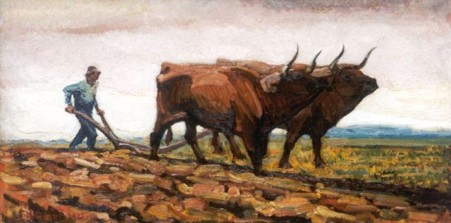 Adriaan Herman Gouwe | Ploughing the fields, oil on canvas, 43.2 x 85.3 cm, signed l.l. and dated 1922