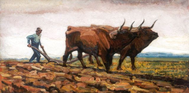 Gouwe A.H.  | Ploughing the fields, oil on canvas 43.2 x 85.3 cm, signed l.l. and dated 1922