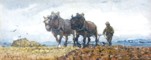 Adriaan Herman Gouwe | Ploughing farmer, oil on canvas, 13.6 x 33.3 cm, dated 1917