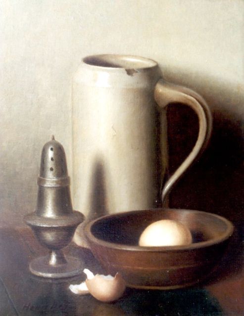 Henk Bos | A still life with a mug and egg, oil on canvas, 30.5 x 24.3 cm, signed l.l.