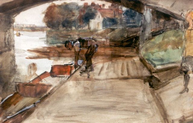 Isaac Israels | A man by a rowing boat on the river Thames, watercolour on paper, 33.5 x 50.5 cm