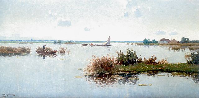 Jan Knikker sr. | Boats on a lake, oil on canvas, 40.2 x 80.3 cm, signed l.l.
