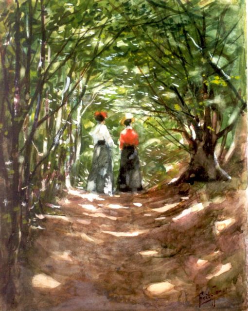 Jansen F.J.  | Elegant ladies on a path, watercolour and gouache on paper 29.0 x 22.8 cm, signed l.r.