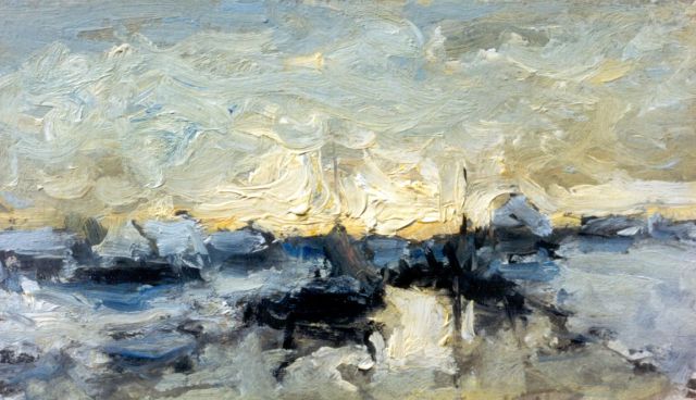 Morgenstjerne Munthe | A river landscape in winter, oil on painter's cardboard, 12.4 x 21.1 cm, signed on the reverse