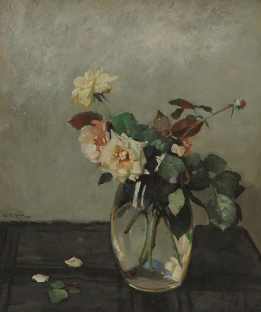 Piet Groen | Roses in a glass vase, oil on painter's cardboard, 58.1 x 49.0 cm, signed left of the middle
